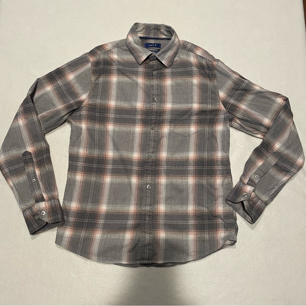 Apt 9 plaid button down, gray, whitee and pink, men’s small
